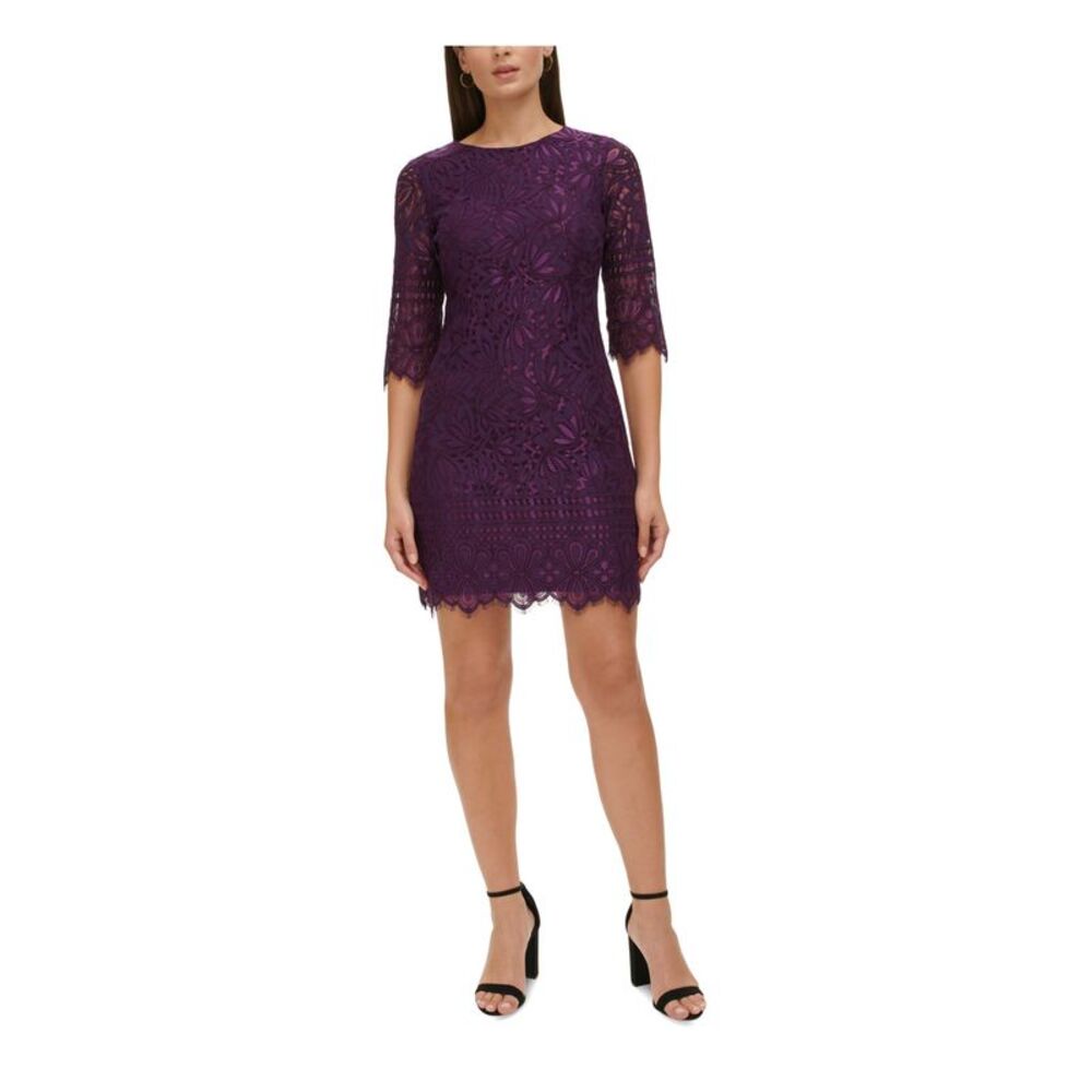 KENSIE DRESSES Womens Purple Lined 3/4 Sleeve Short Cocktail Sheath Dress 0